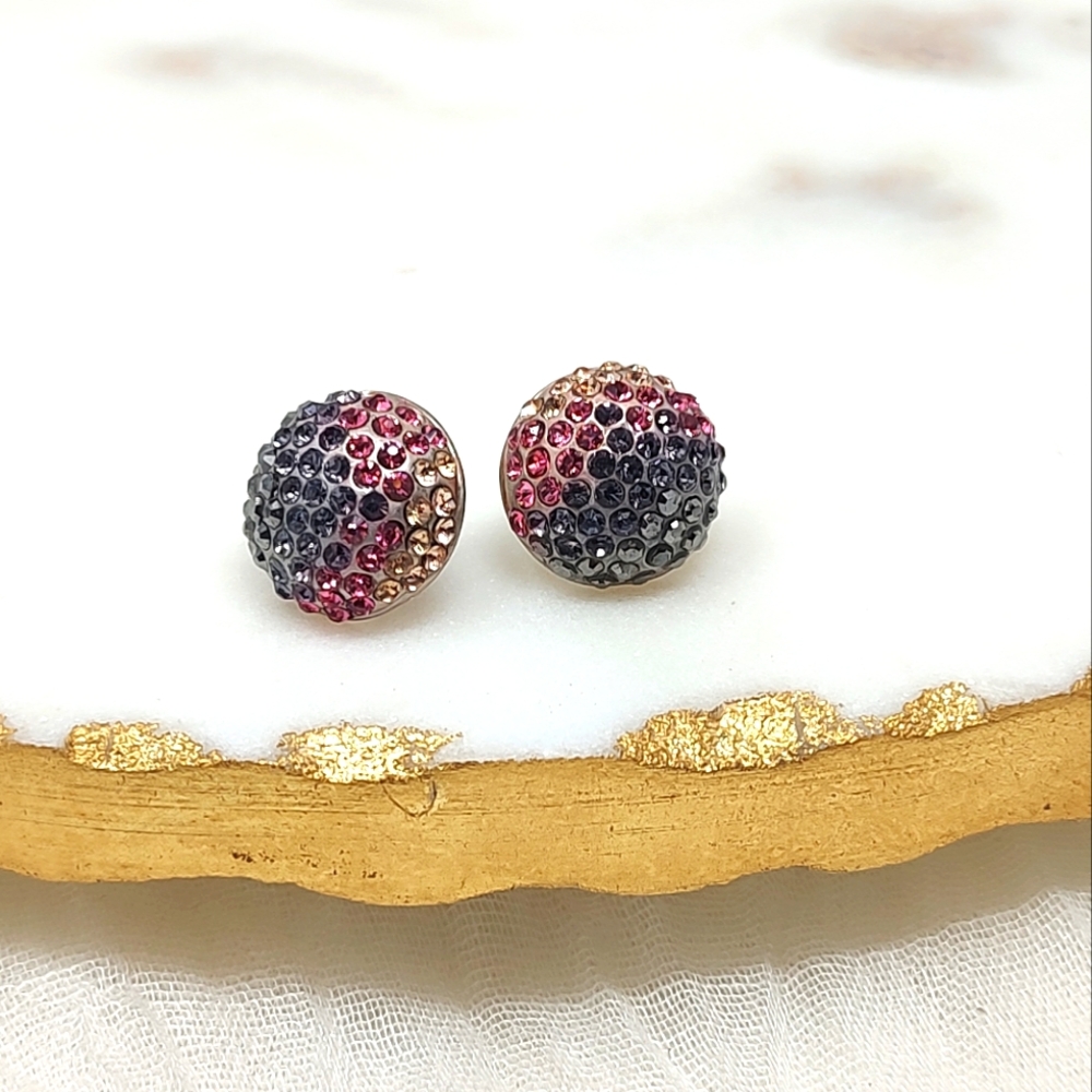 Colorful round pave post earrings gold purple blue themed